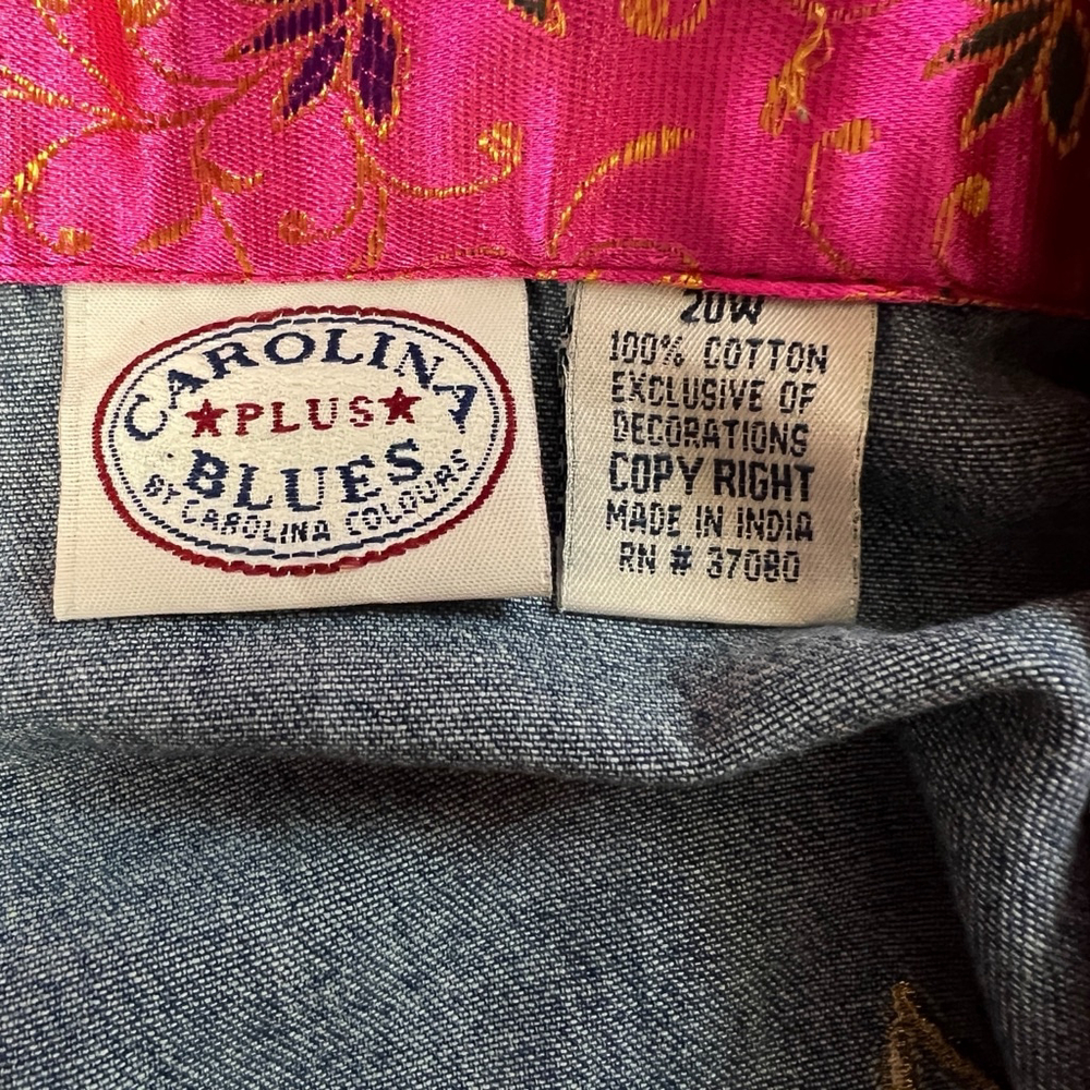Carolina Blues Plus Denim Jacket 20W Embroidered Floral Boho Pink Collar - Picture 2 of 16